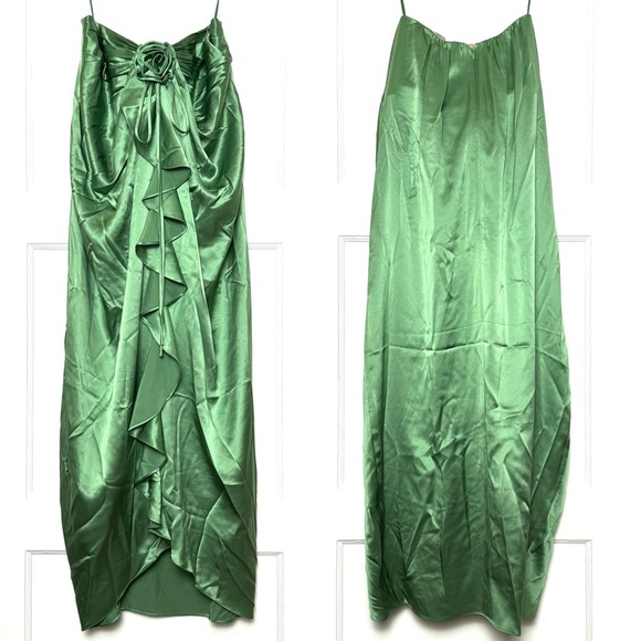 NWT CINQ A SEPT Pistachio Silk Satin Rosette Halter Neck Ruffle Cocoon Dress 10 - Picture 9 of 15